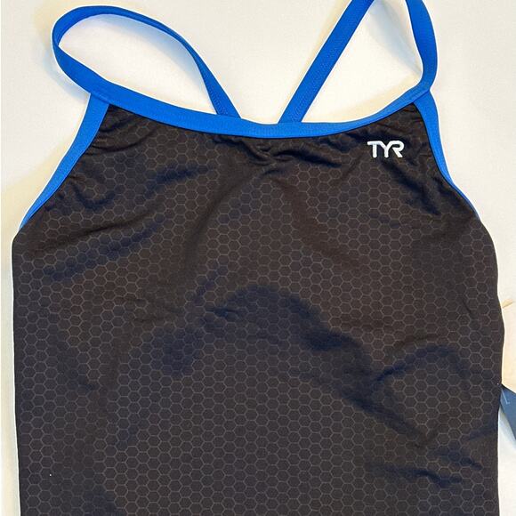TYR Women's Durafast Elite Diamondfit Hexa One Piece Swimsuit 38/XL Black Blue - Picture 2 of 9